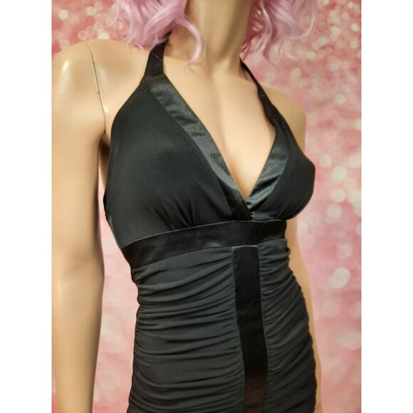 Cache Ruched Stretch Mini Cocktail Dress Size 2 Vintage Y2K 2000s Black Halter - Picture 3 of 12